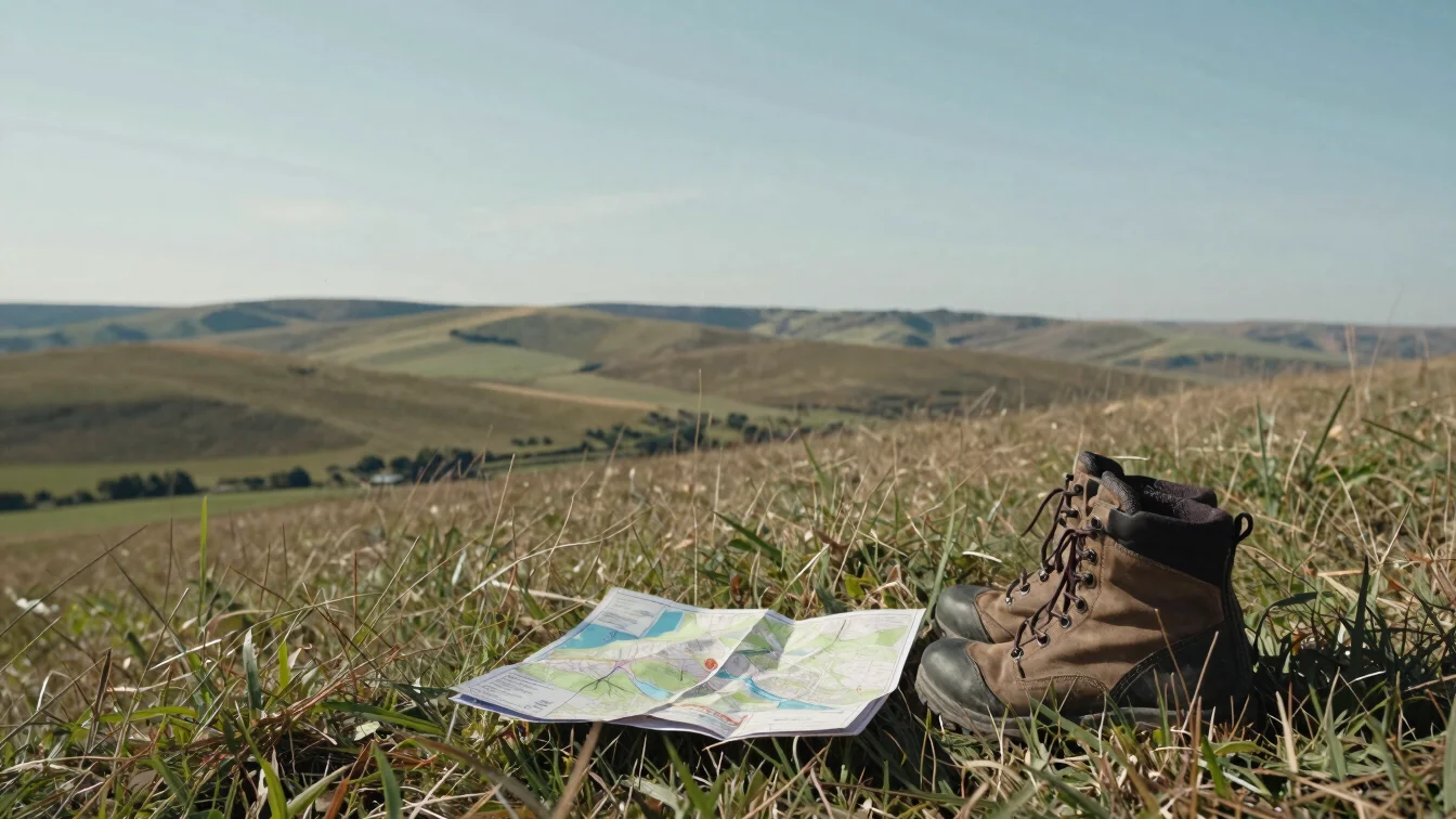 Editorial travel photograph of rolling regional countryside under