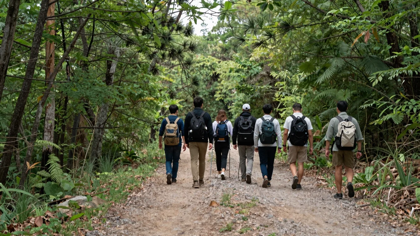 Editorial travel photograph of a small group walking a guided for